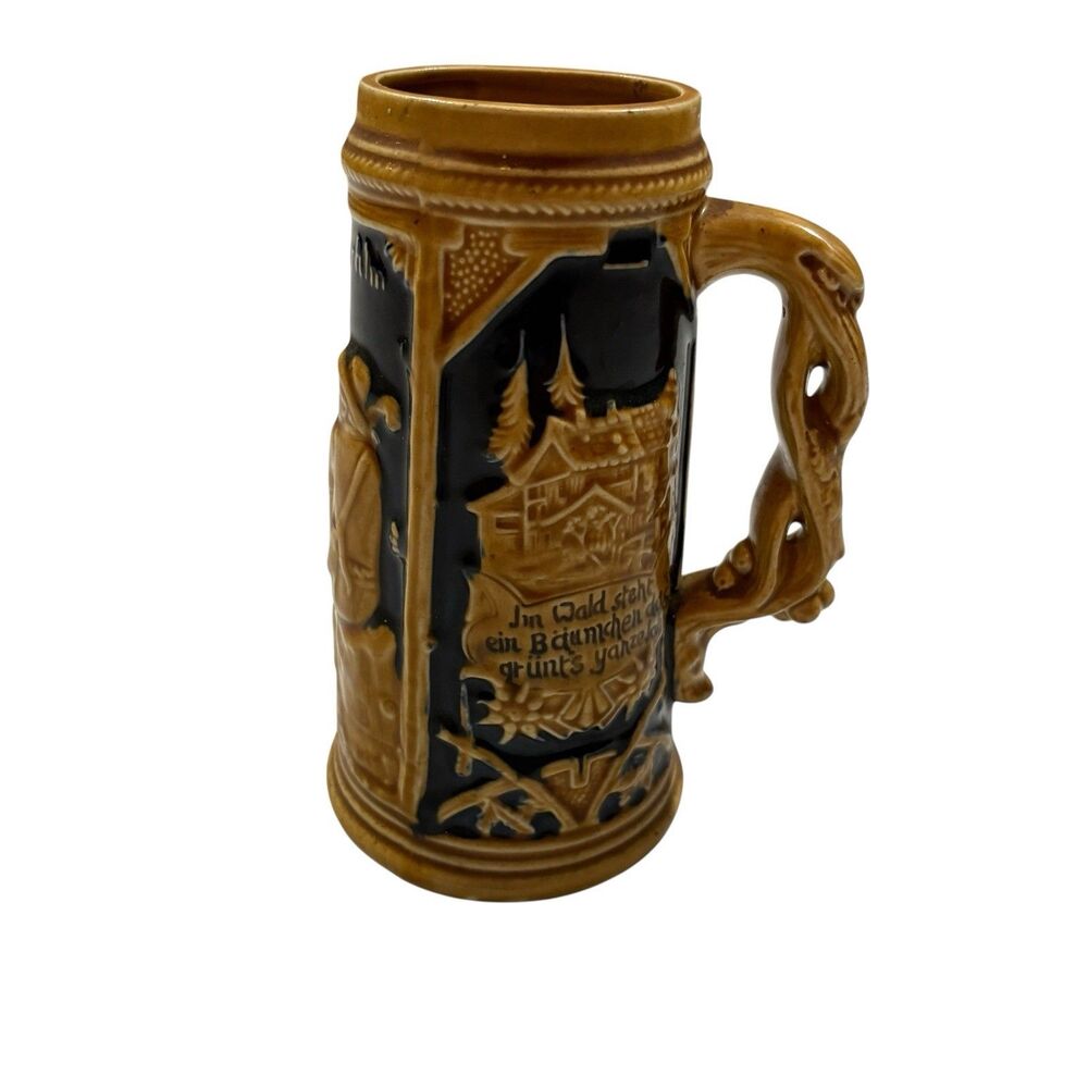 “Vintage German Style Beer Stein 7.5” Village Scene Brown Black Ceramic Tankard”